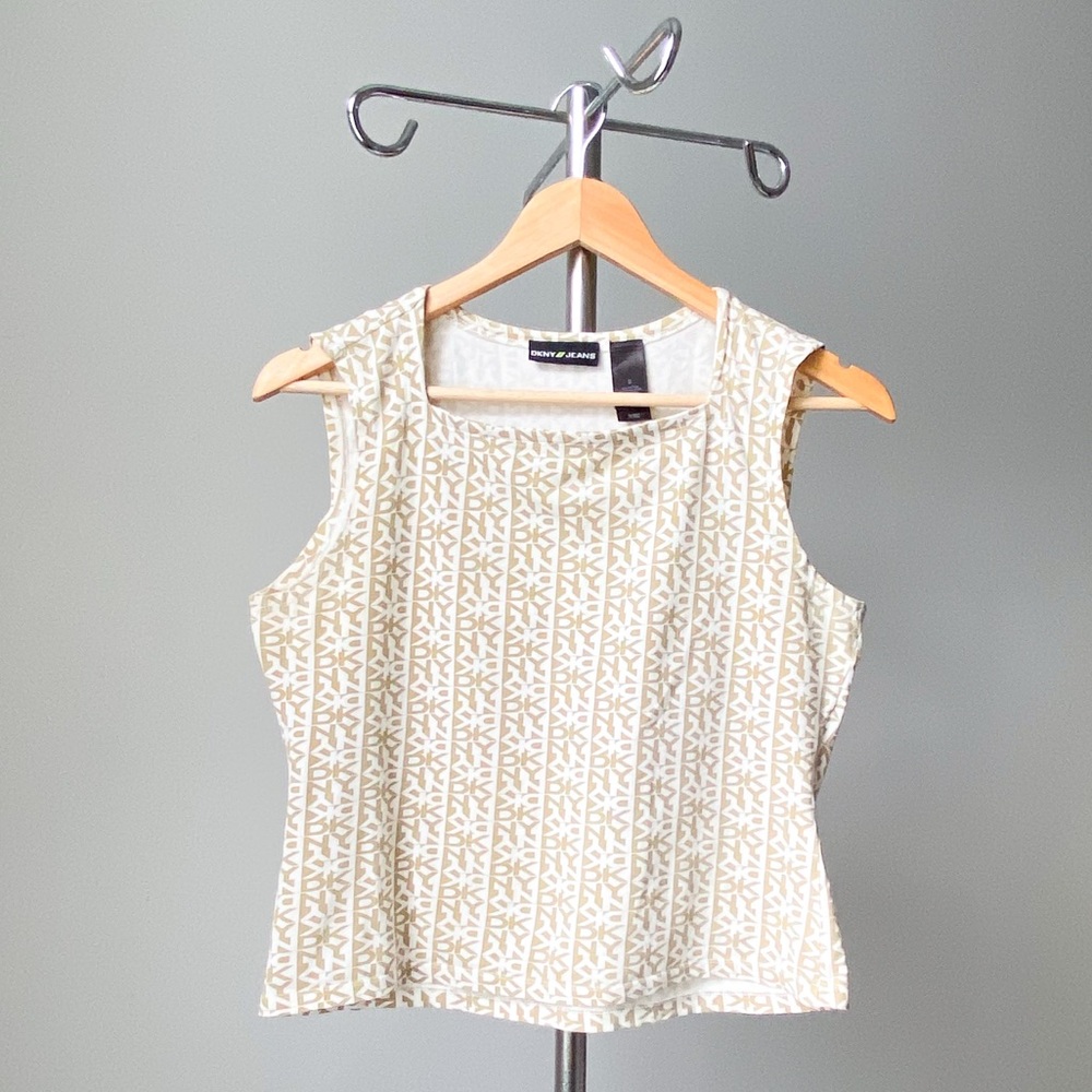 🍂 2010s Vintage DKNY Cream & Tan Monogram  Square Neckline  Tank Top